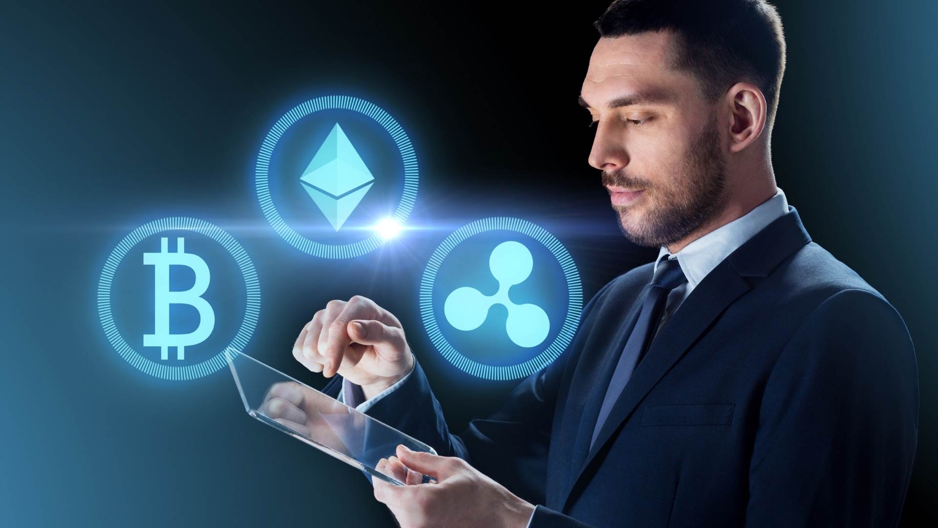 Kryptoměny a businessmann Bitcoin Ethereum Ripple
